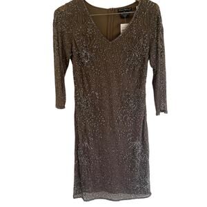 Pisarro Nights beaded V-neck cocktail dress in mocha, size 10